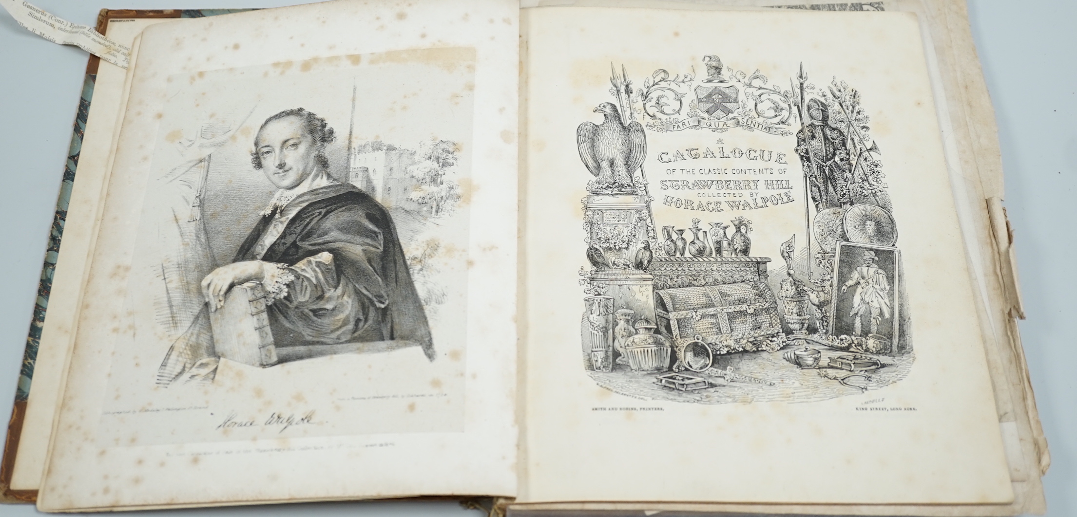 Walpole (Horace) [Sale Catalogue]. A Catalogue of the classic contents of Strawberry Hill collected by Horace Walpole (the pictorial engraved title) with lithographed portrait frontis. (and) Strawberry Hill, the renowned